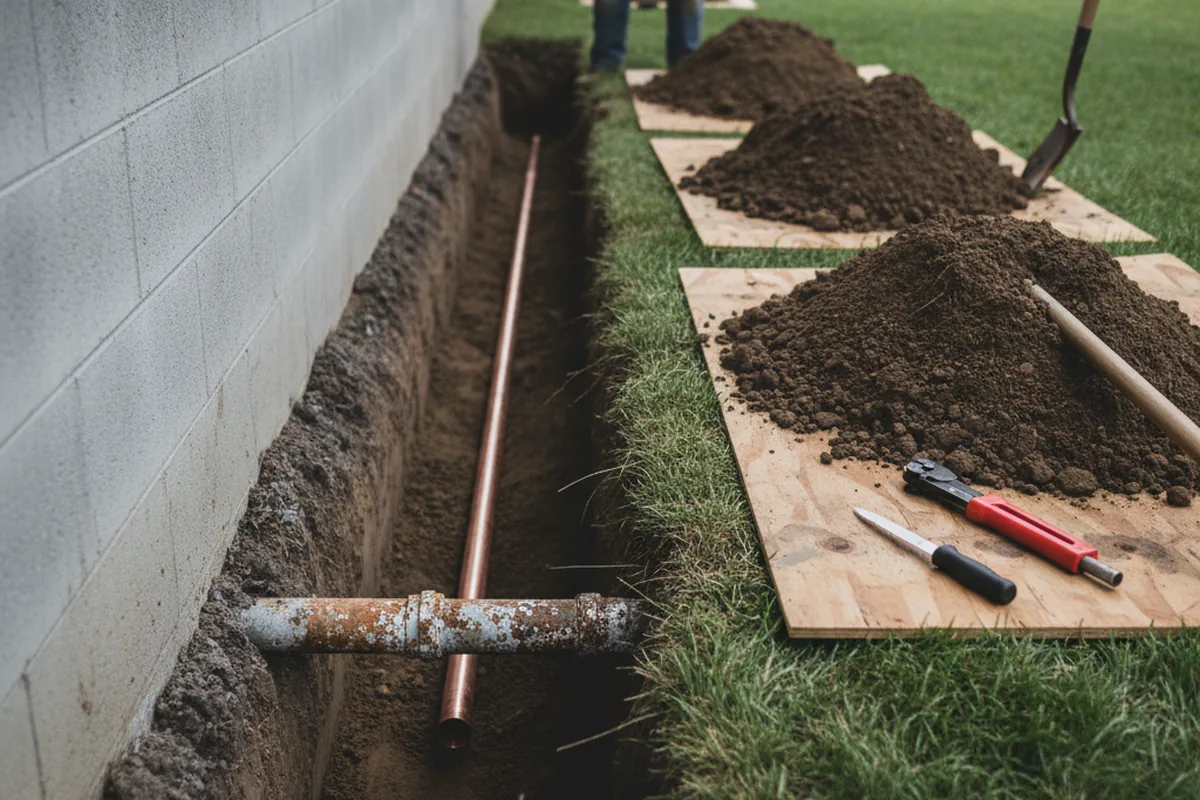 Excavated water line trench during Water Heater Repair in Pequannock